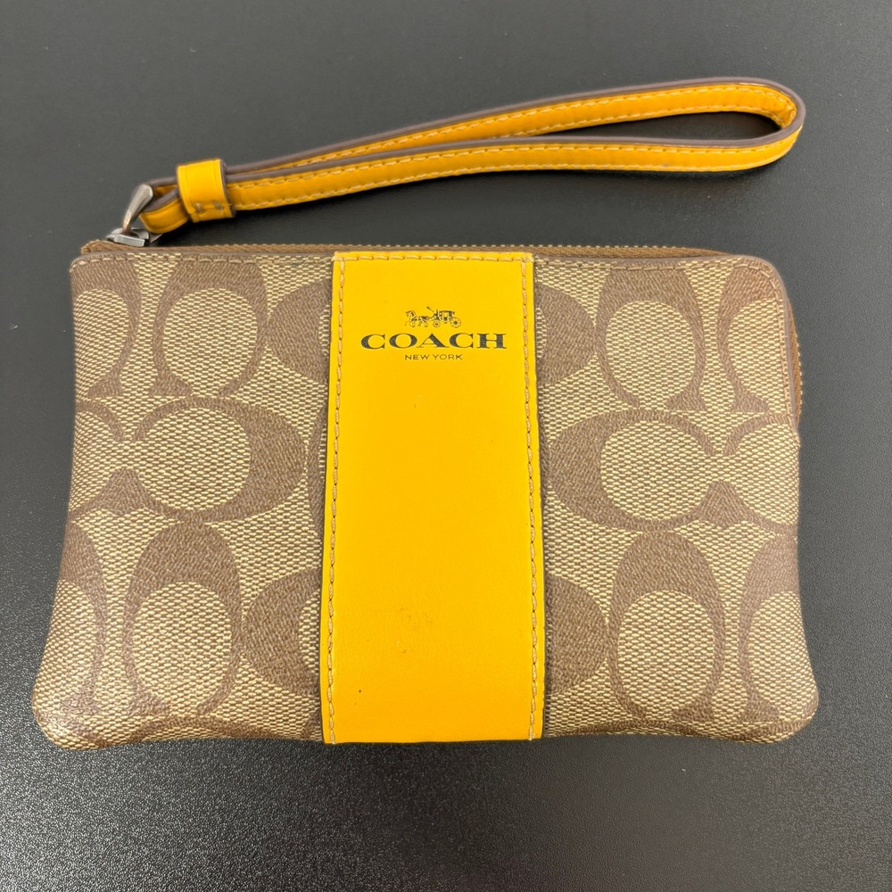 Coach Women Wristlet Small Brown Yellow Signature Monogram Canvas Leather Stripe